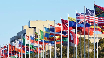 Drapeaux de différents pays sur des mâts devant un bâtiment