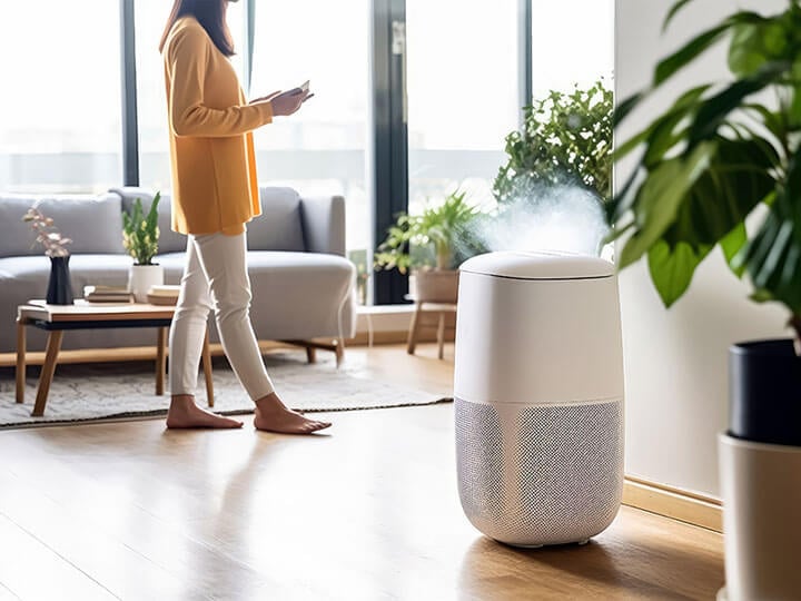 White air cleaner in modern living room with women in yellow sweater and white pants walking in the background